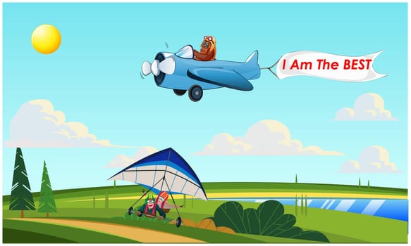 plane is flying above the garden with flag