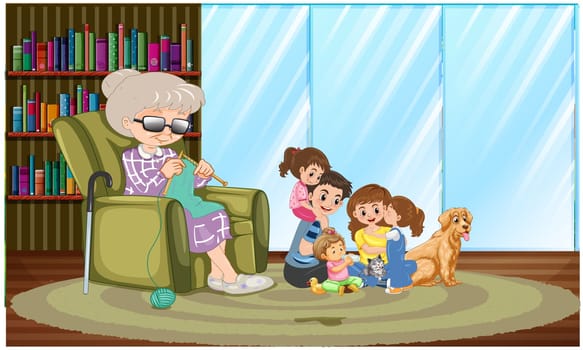 family spend time with their grandmother at home