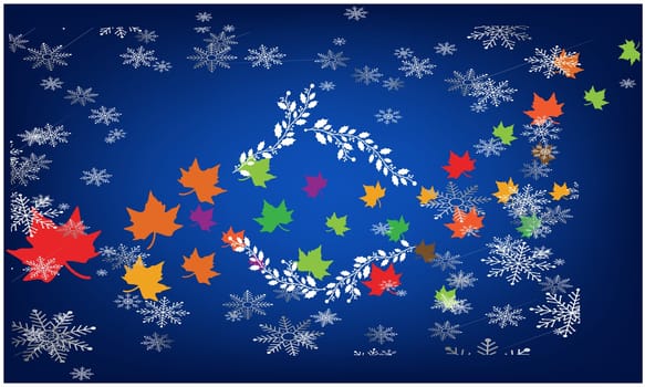 snow and dry color leaves on abstract background