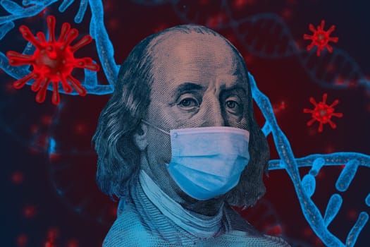 Benjamin Ben Franklin isolated face from 100 dollar banknote with a face mask on covid background. Concept of the global financial crisis and pandemic