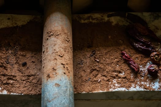 Grinding cacao beans with chili peppers to make chocolate by stone rolling pin on stone surface. hand made chocolate.