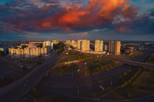 BARNAUL CITY. RUSSIA - AUGUST 11, 2019: Aerial shot of view to Barnaul city. Siberia, Russia. Summer sunny day on August 11, 2019 in Altayskiy krai, Siberia, Barnaul, Russia with with fantastic sunset