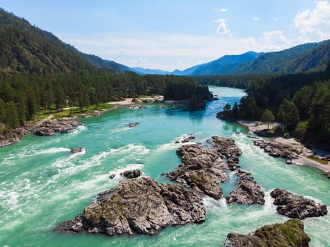 Aerial view of Katun river, in summer morning in Altai mountains, drone shot