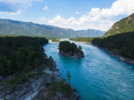 Aerial view of Katun river, in summer morning in Altai mountains, drone shot