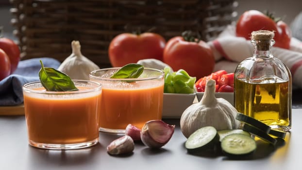 Gazpacho in two glass bowls, along with its ingredients, tomato, garlic, oil, cucumber, red pepper and green pepper.