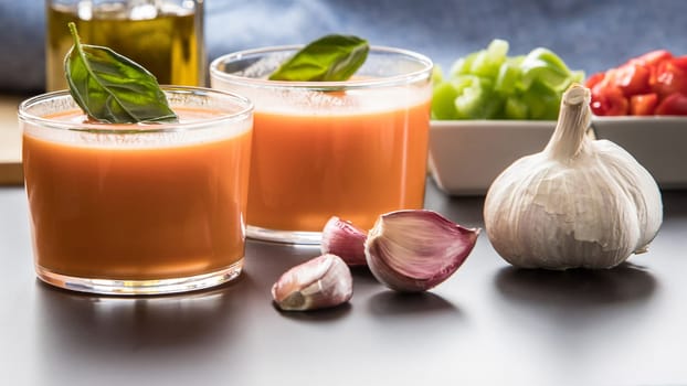 Gazpacho in two glass bowls, along with its ingredients, tomato, garlic, oil, red pepper and green pepper.