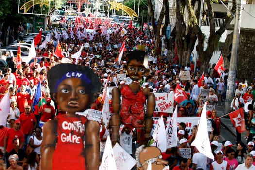 salvador, bahia, brazil - dec. 16, 2015: members of the trade union centrals, political parties and social movements mobilize in favor of president Dilma Rousseff and asking Eduardo Cunha to leave the presidency of the Chamber of Deputies....