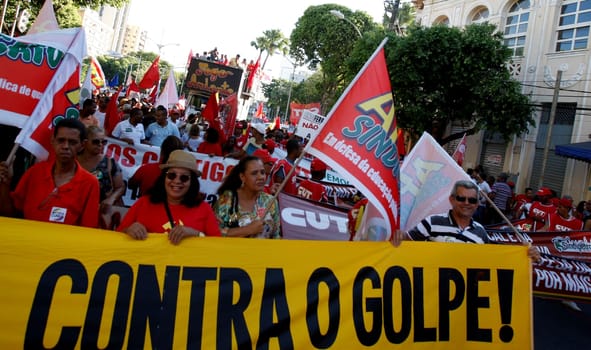 salvador, bahia, brazil - dec. 16, 2015: members of the trade union centrals, political parties and social movements mobilize in favor of president Dilma Rousseff and asking Eduardo Cunha to leave the presidency of the Chamber of Deputies....