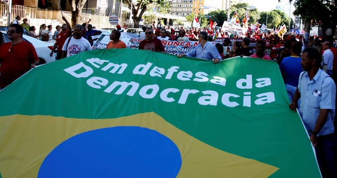 salvador, bahia, brazil - dec. 16, 2015: members of the trade union centrals, political parties and social movements mobilize in favor of president Dilma Rousseff and asking Eduardo Cunha to leave the presidency of the Chamber of Deputies....