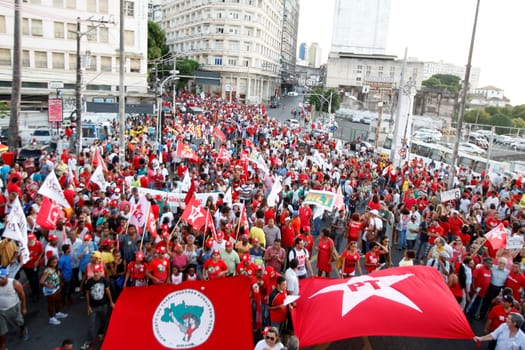 salvador, bahia, brazil - dec. 16, 2015: members of the trade union centrals, political parties and social movements mobilize in favor of president Dilma Rousseff and asking Eduardo Cunha to leave the presidency of the Chamber of Deputies....