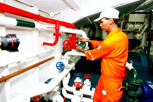 salvador, bahia / brazil - october 1, 2014: Engine room of the Dorival Caymmi Ferry Boat. The vessel transports passengers and vehicles on the Salvador Ilha de Itaparica crossing.
