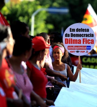 salvador, bahia, brazil - dec. 16, 2015: members of the trade union centrals, political parties and social movements mobilize in favor of president Dilma Rousseff and asking Eduardo Cunha to leave the presidency of the Chamber of Deputies....
