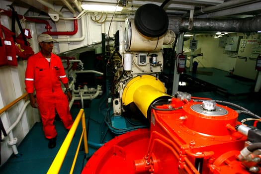 salvador, bahia / brazil - october 1, 2014: Engine room of the Dorival Caymmi Ferry Boat. The vessel transports passengers and vehicles on the Salvador Ilha de Itaparica crossing.