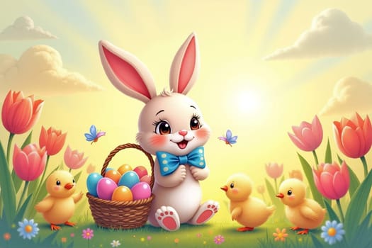 A cheerful bunny sits among blooming tulips, holding colorful eggs while playful ducklings accompany it in a sunny springtime setting. Generative AI.