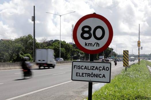 salvador, bahia / brazil - April 24, 2019: Traffic sign warns drivers of speed radar deployed on BR 324 highway.