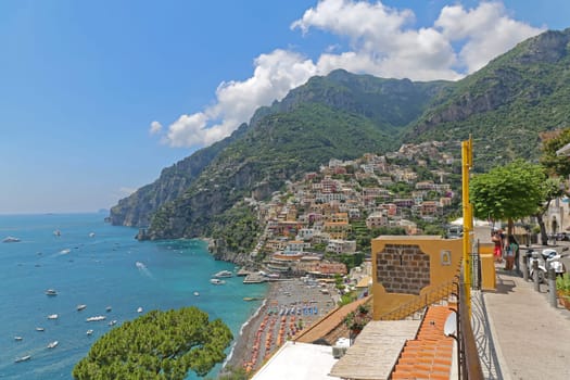 Positano, Italy - June 27, 2014: Amalfi Coast Mediterranean Sea Sunny Summer Day in Positano, Italy.