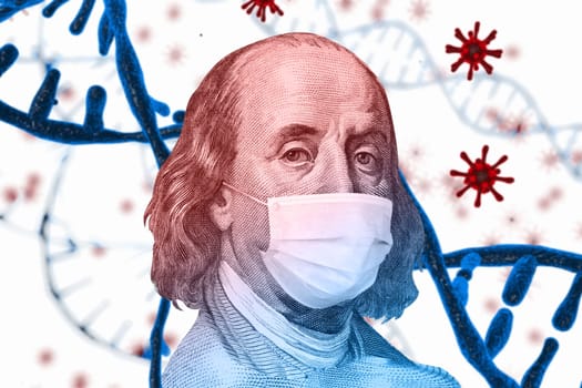 Benjamin Ben Franklin isolated face from 100 dollar banknote with a face mask on covid background. Concept of the global financial crisis and pandemic