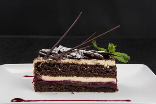 Plate with piece of delicious chocolate cake decorated with mint leaves