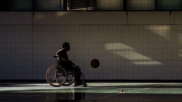 A young handicapped athlete in a wheelchair skillfully maneuvers on the gym floor while dribbling a basketball as sunlight filters through the windows - Generative AI