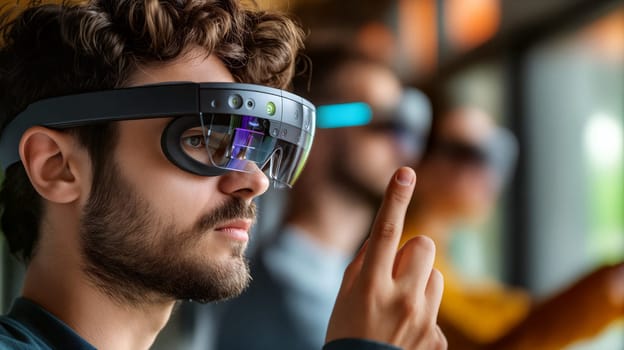 Participants engage in an interactive learning session while wearing augmented reality glasses in a contemporary office space - Generative AI