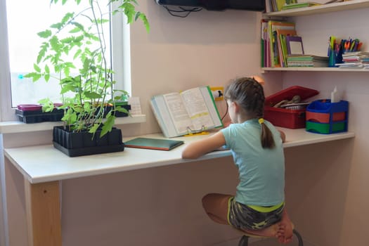 Girl is teaching at home on a textbook at the desk