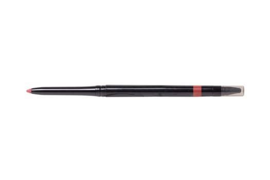 Cosmetic tools. Macro photograph of a professional pink lip liner pencil isolated on a white background. Beauty concept.