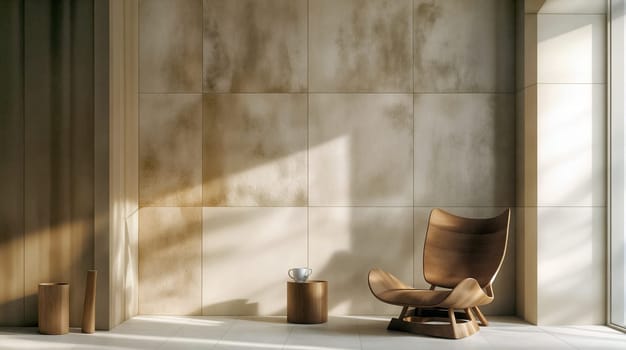 This stylish space showcases a wooden chair, minimalist decor, and a soft sunlight streaming through large windows, creating a warm atmosphere - Generative AI