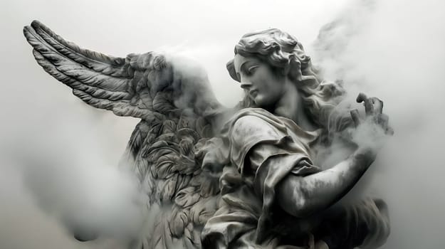 A stone angel with detailed wings holds a delicate object, enveloped by soft mist. The twilight ambiance enhances the statue's serene presence in the tranquil park setting - Generative AI