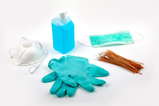 Coronavirus protection supplies over bright background