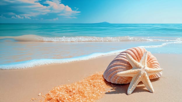 A large shell and a starfish rest on golden sand as gentle waves caress the shore, with a bright blue sky in the background - Summer holidays - Generative AI