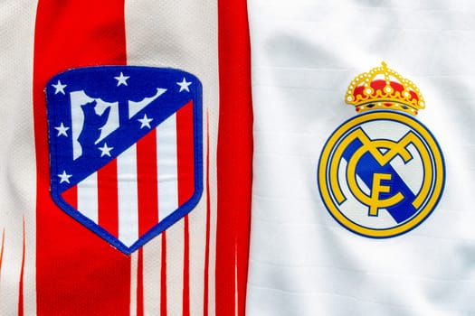 Calgary, Alberta, Canada. July 10, 2020. Club Atletico de Madrid vs Real Madrid close up to their jersey logo