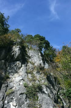 A landscape in the highlands, with rocks, trees and blue sky