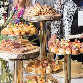 Businesspeople at banquet lunch break at business conference meeting. Assortment of canapes, small pieces of bread or pastry with a savory topping, and finger food on table.