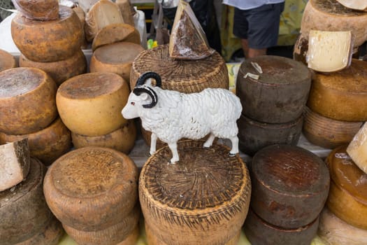 Various traditional Italian cheese on a market stand.