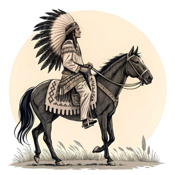 A native american leader wears a feathered headdress and traditional garments while confidently riding a horse. Tall grass sways in the gentle breeze - Generative AI