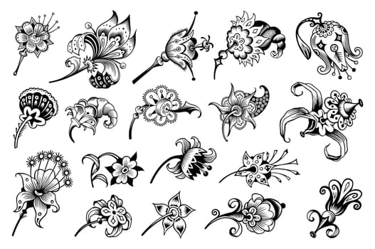 Floral hand drawn vector vintage engraved nature elements and objects set