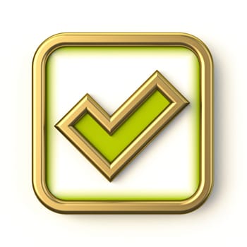 Golden green square check mark 3D render illustration isolated on white background