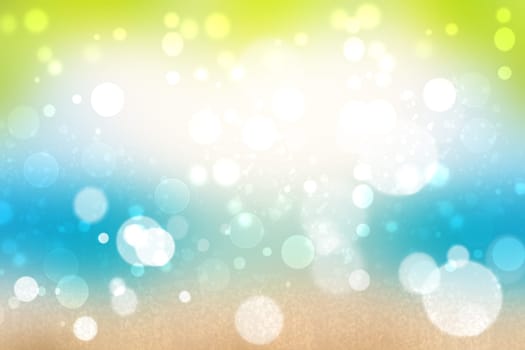 Hello spring background. Abstract bright spring or summer landscape texture with natural green yellow bokeh lights and sunshine on blue sky. Beautiful backdrop with space.