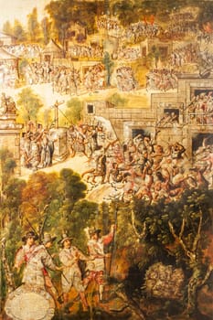 Fight between natives and Spaniards, and discovery of a treasure by four Spaniards. Set of Los enconchados paintings about Aztec Empire Conquest. Museum of Americas, Madrid