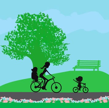 family bike trip in the park - illustration