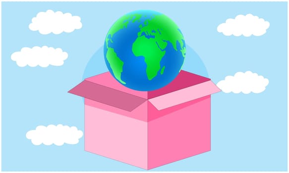 earth globe unboxing from box in the clouds