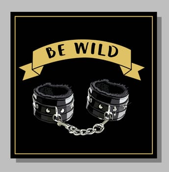 postcard be wild. black leather handcuffs. fetish. sex toy