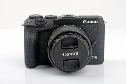 WETZLAR, Germany 2020_04_11: CANON EOS M6 Mark II on white background. Canon is a Japanese multinational corporation specializing in the manufacture of imaging and optical products manufacturing equipment in Tokyo, Japan.