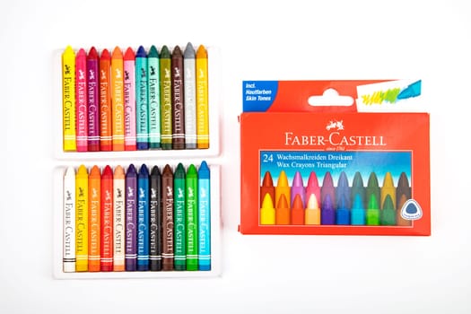 WETZLAR, GERMANY 2020_04_05 FABER CASTELL Wax Crayons. FABER CASTELL founded in 1761 in Germany. Products for writing, drawing, creative designs