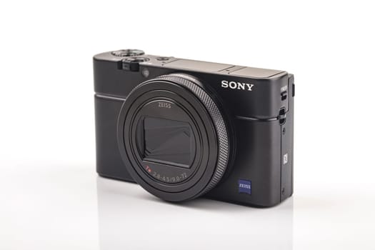 HUETTENBERG, GERMANY_ 06_APRIL_2020: SONY RX 100 VI is the premium compact camera from SONY with a 1.0 inch sensor over bright background