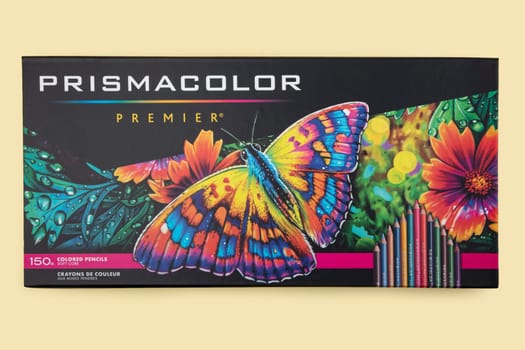 WETZLAR, GERMANY 2020-06-15: PRISMACOLOR Colored Pencils in a cardboard box. 1938 Eagle Pencil Company launches Eagle Prismacolor Colored Pencils