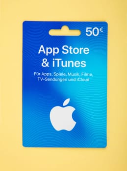 WETZLAR, Germany - 2020-06-05: App Store& iTunes Gift card voucher for apple app store itunes money credit card.