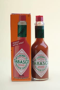 Wetzlar, Germany 2020-06-11: Bottle of hot McILHENNY Co TABASCO. TABASCO is a registered trademark for sauces..McIlhenny Company, Avery Island, Louisiana, USA 70513.