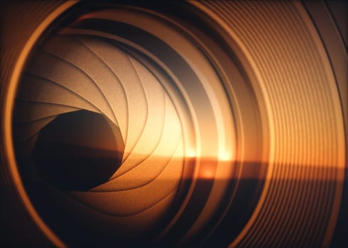 Macro photography from inside an objective lens and its details like the diaphragm blades. Reflection of the sky in the camera lens.