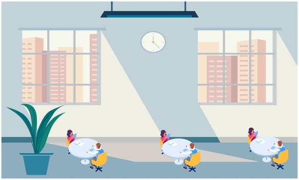 employees are meeting in office with social distancing